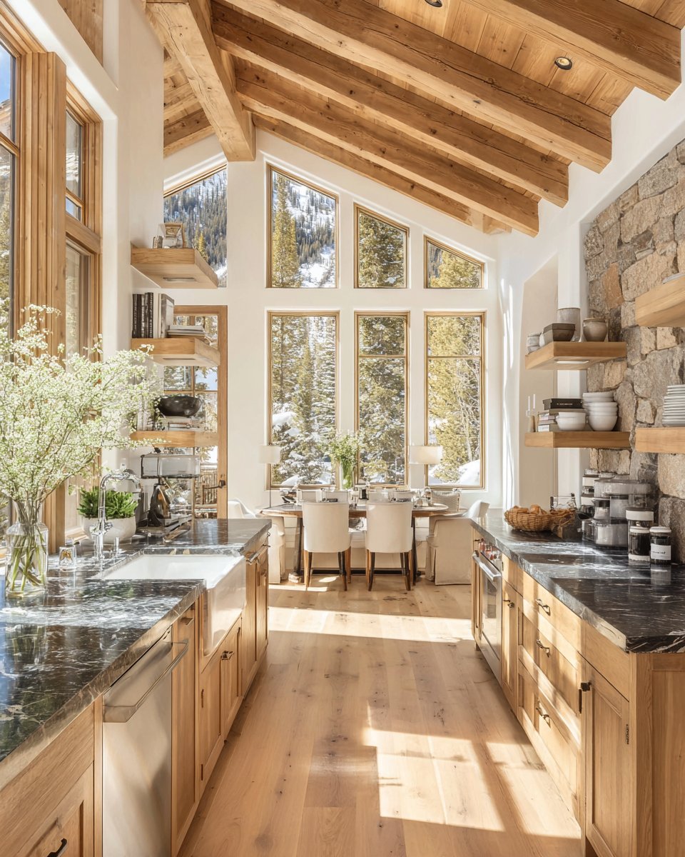 Kitchen and dining area with a vaulted wood ceiling, stone counters, and tall windows overlooking snowy mountains.