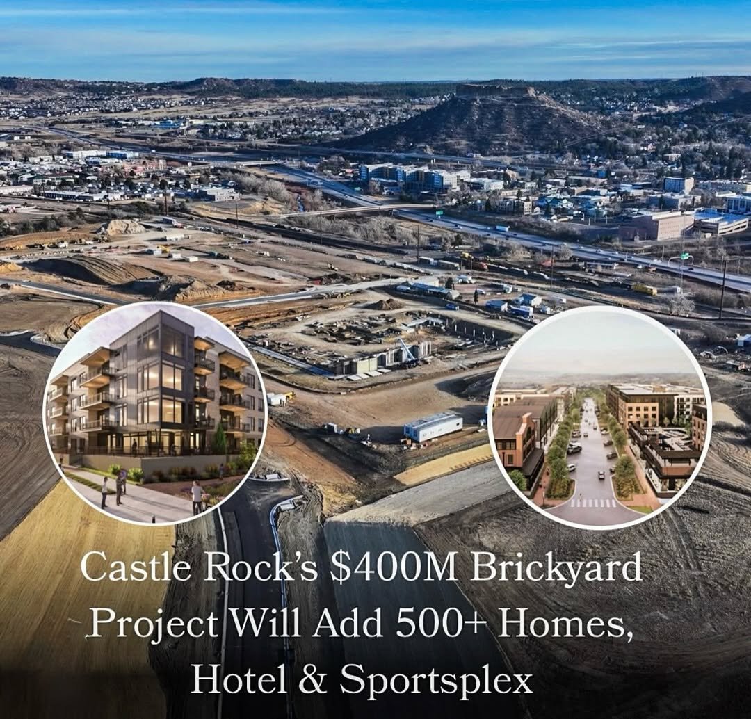 Rendering of the Brickyard development in Castle Rock, Colorado, showing mixed‑use buildings, housing, hotel, and sports complex elements.