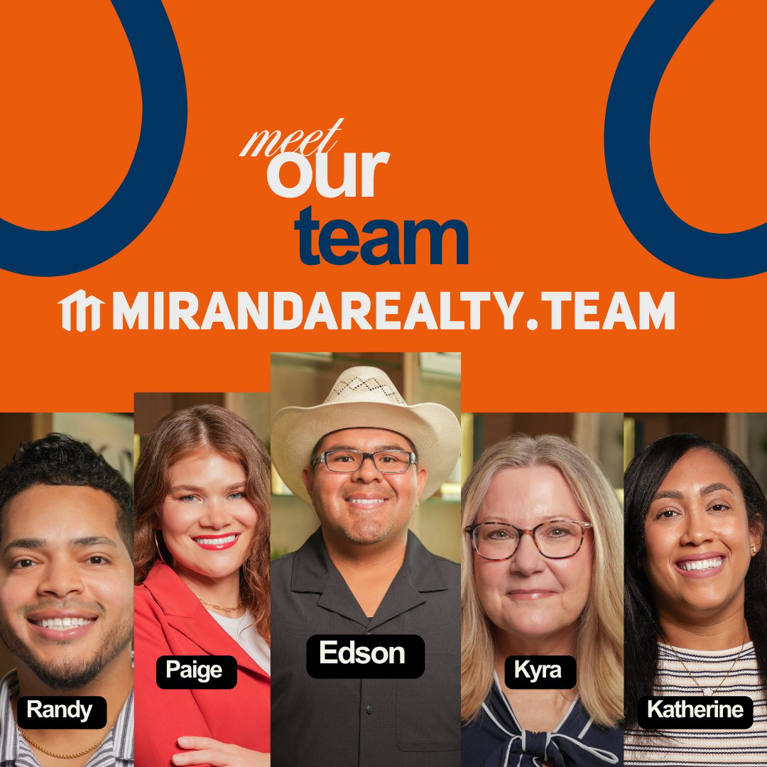 Miranda Realty Team group photo with text "Meet Our Team" and website mirandarealty.team, featuring the North Texas real estate team serving the I-35W Alliance Corridor
