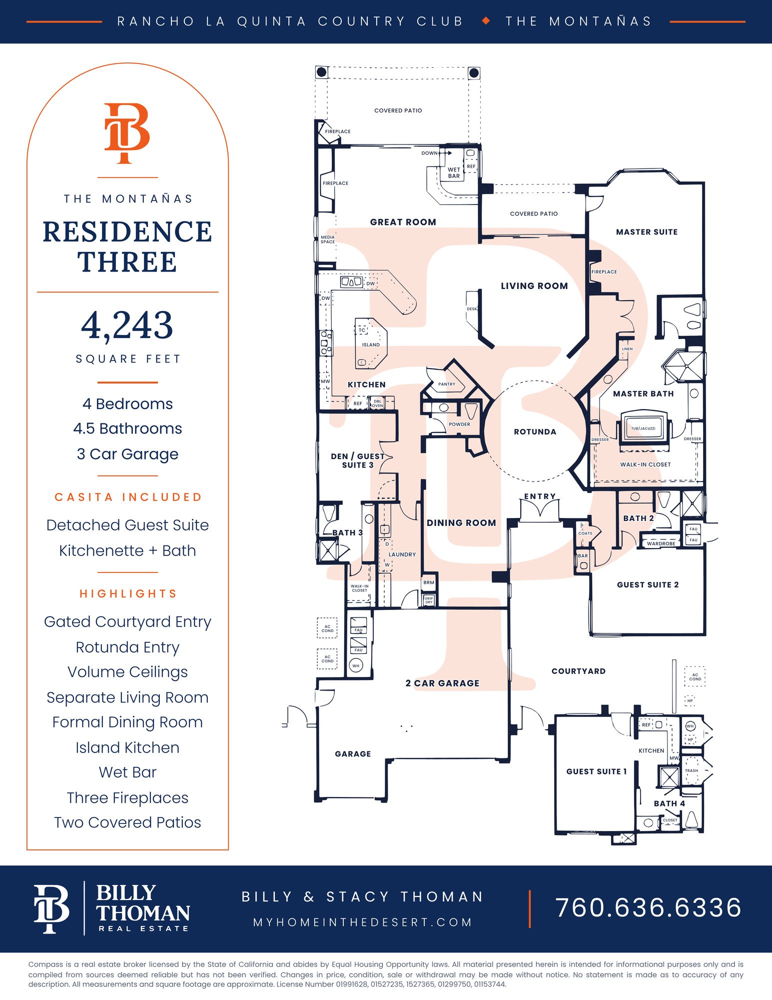 Rancho La Quinta Country Club Montanas Residence Three floor plan, 4 bedroom 4.5 bath 4,243 sq ft single story home with casita