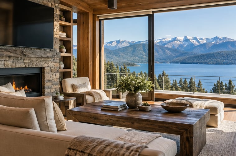 Living room with a stone fireplace and large windows overlooking a lake and snow-capped mountains.