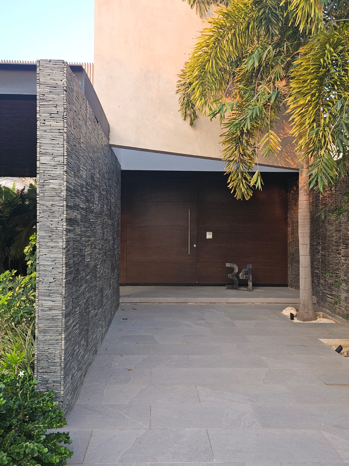 Modern home entrance with a dark wood door, stacked-stone walls, and a palm tree.