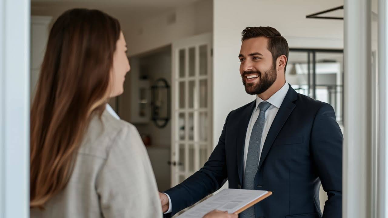 A man in a suit and tie is smiling and holding a clipboard while shaking hands with a woman in an office setting.