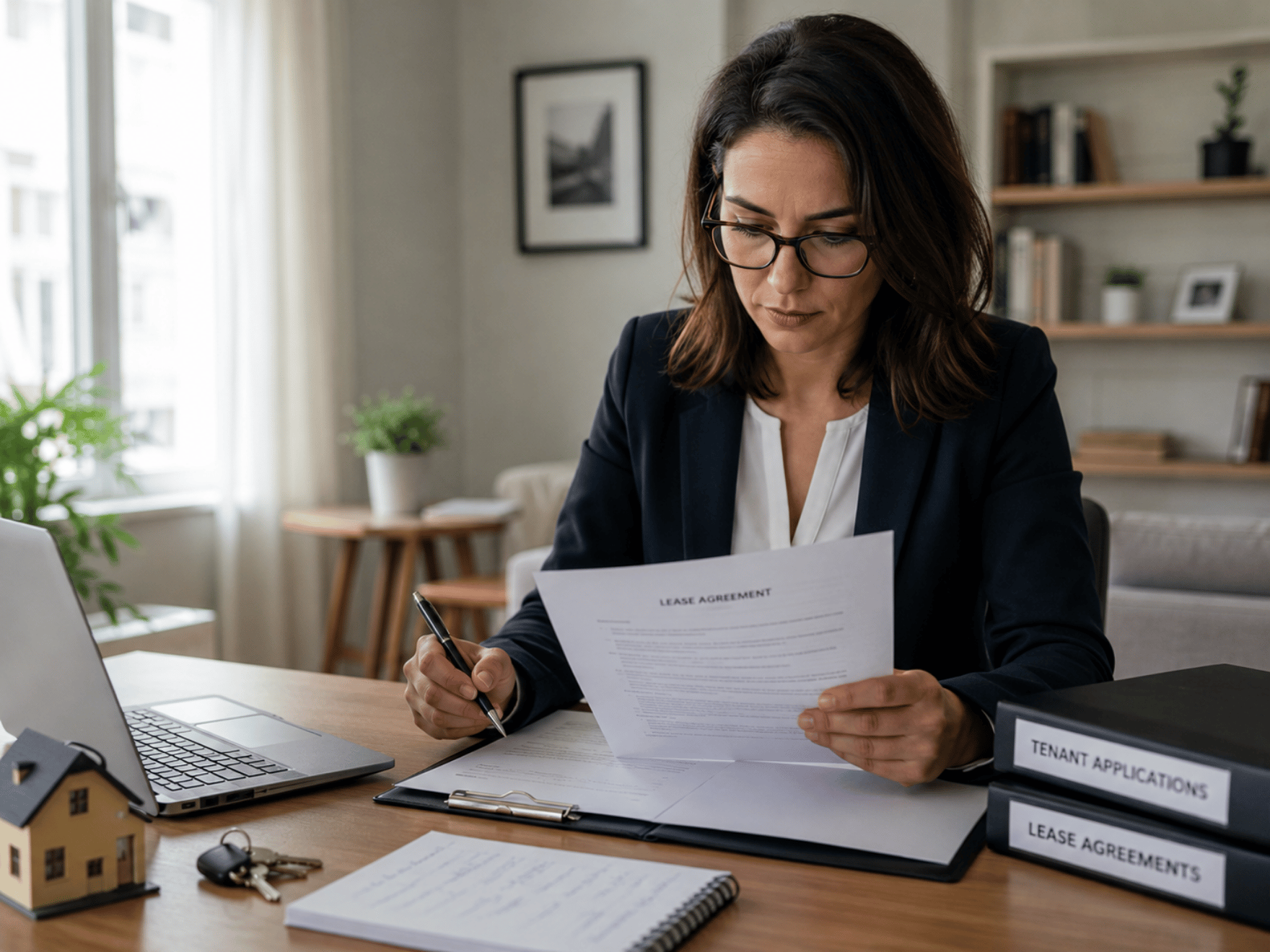 woman-in-an-office-setting-focused-on-a-lease-agreement-document-surrounded-by-a-laptop-keychain-notebook-and-binders-labeled-tenant-applications
