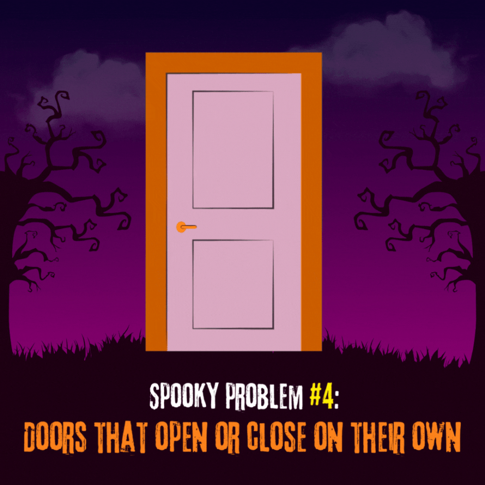 Spooky Problem #4: doors that open or close on their own, illustrated with a pink door and twisted trees.