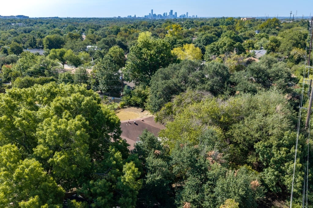 Aerial neighborhood view over treetops toward a distant city skyline.