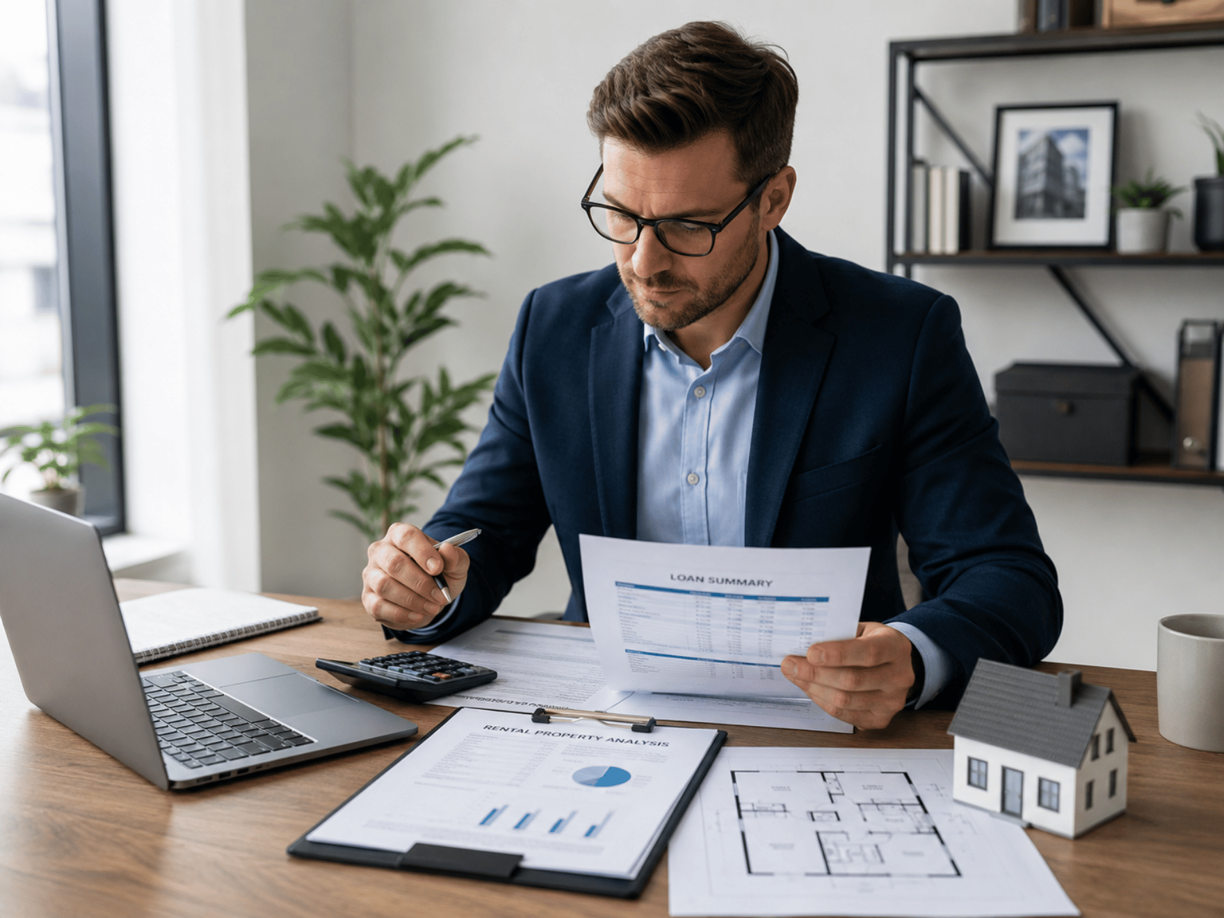 A man in a suit reviews loan documents at a desk with a laptop, calculator, and miniature house model.