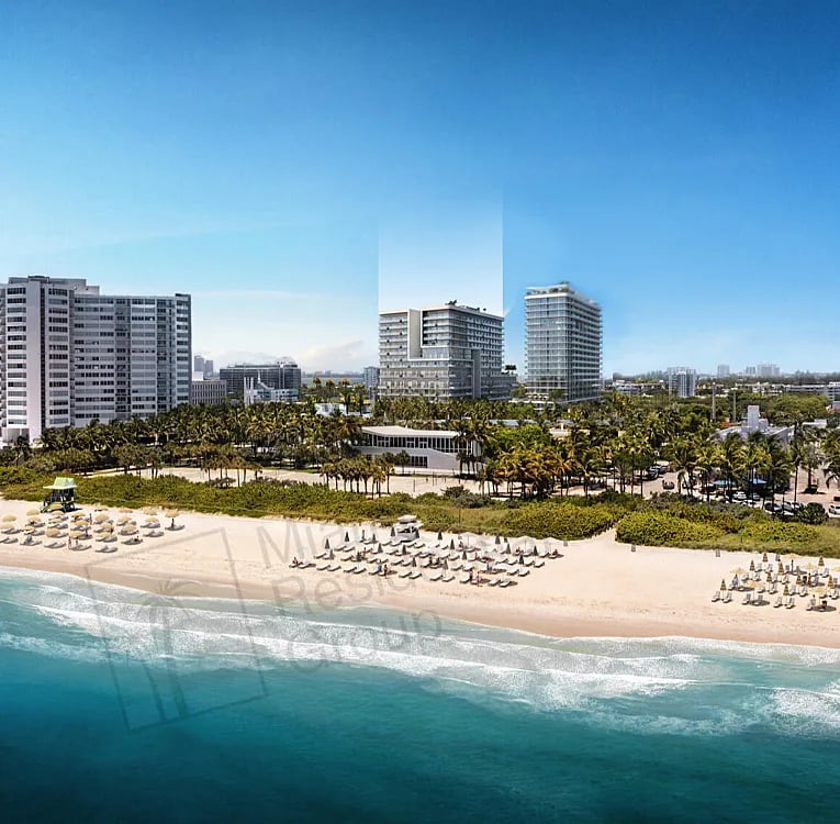 NoBe PARC beachfront development with modern towers, palm trees, and oceanfront beach.