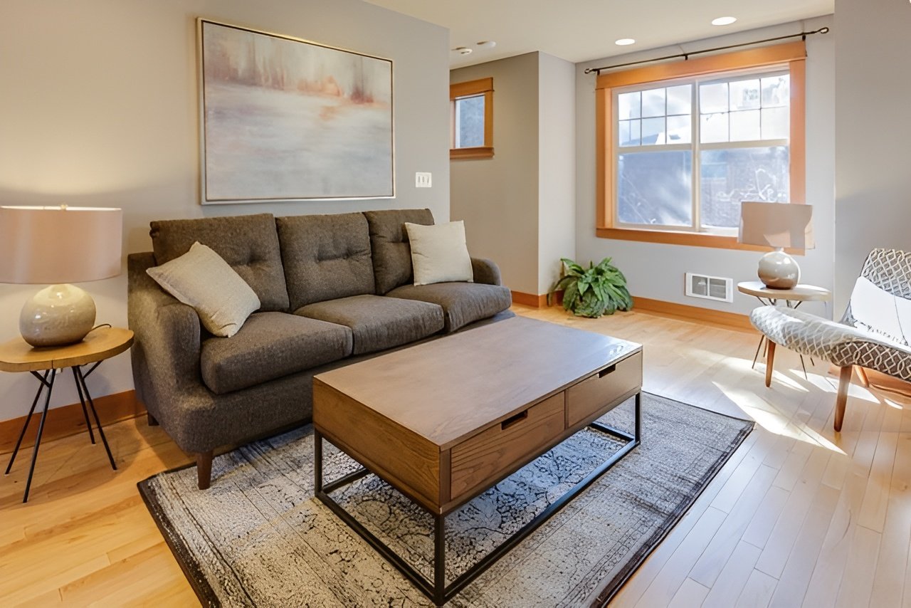Modern living room with gray sofa, wooden coffee table, large window, and abstract wall art.
