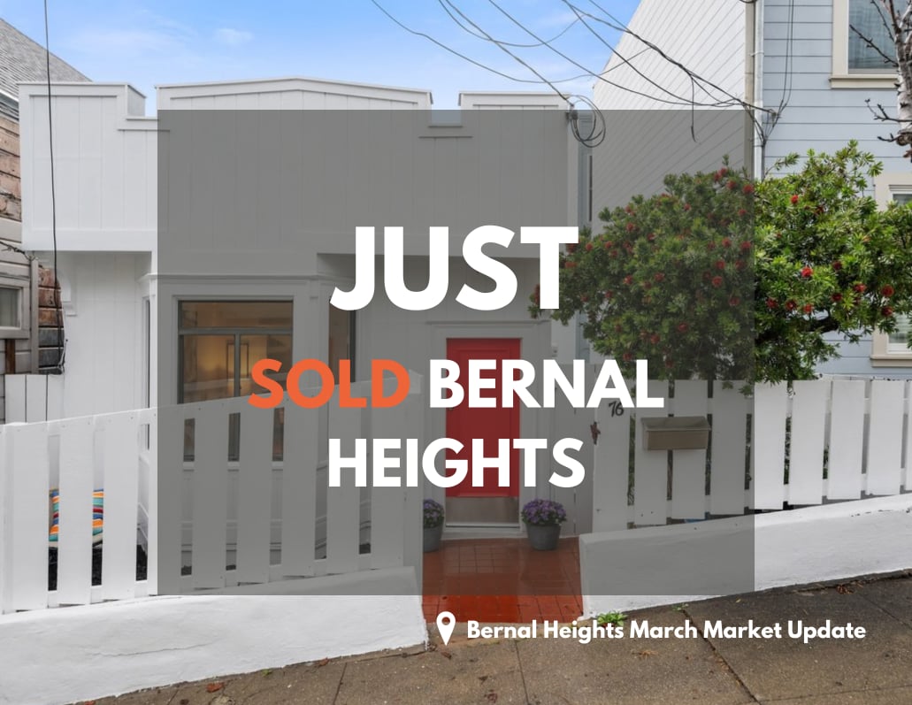 Bernal Heights March 2026 real estate market update graphic over a just sold home exterior at 76 Gladys St