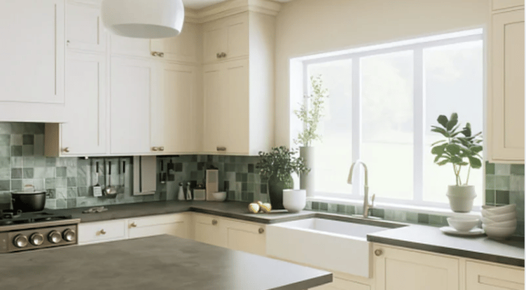 White kitchen with a sunlit window, green tiled backsplash, and dark countertops.