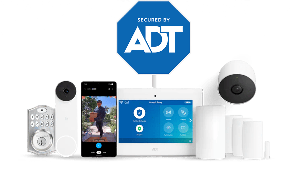 ADT home security system with touchscreen panel, cameras, keypad, and sensors.