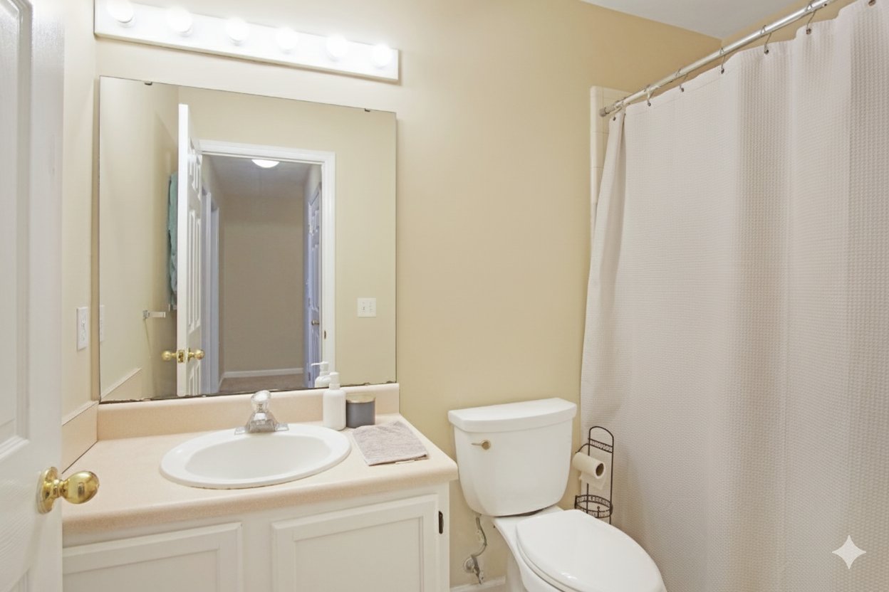 Bathroom at 529 Collinsford Road, Tallahassee, Florida, featuring a single-sink vanity with light countertop, large wall mirror with overhead lighting, and a shower-tub combo with a neutral-colored curtain. The space includes beige walls and white cabinetry for a clean, simple look.
