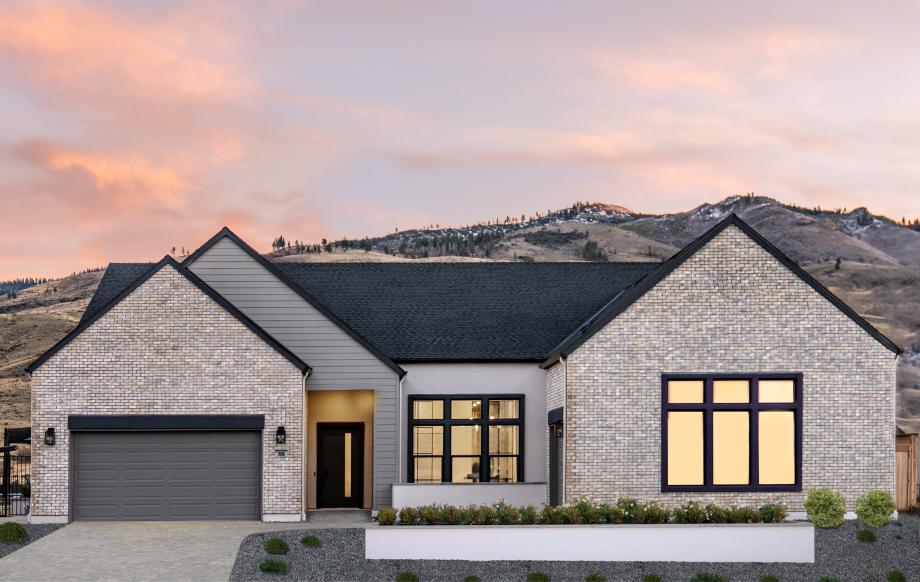 Front exterior of the Timberly single-story model home by Toll Brothers in the Reno/Verdi area of Northern Nevada