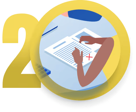 Illustration of a person reviewing a document marked with a red X beside a large yellow 20.