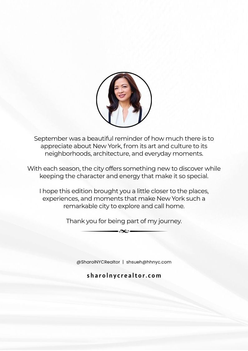 Closing message from Sharol NYC Realtor thanking readers and reflecting on New York City's art, culture, and neighborhoods.