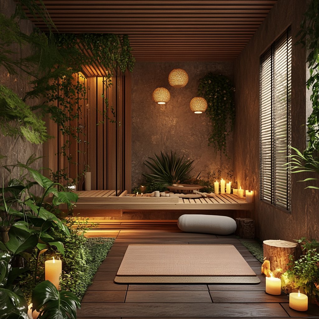 Spa-like meditation room with a floor mat, leafy plants, wood finishes, and candlelight.