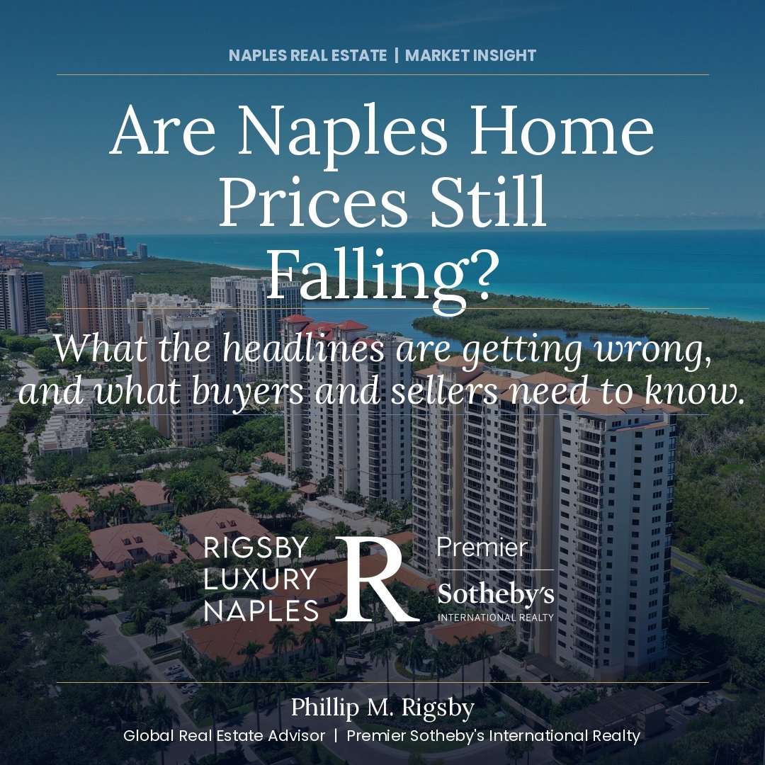 Aerial view of Pelican Bay luxury high-rise condos in Naples Florida with the Gulf of Mexico and mangrove preserve in the background, blog cover for Are Naples Home Prices Still Falling