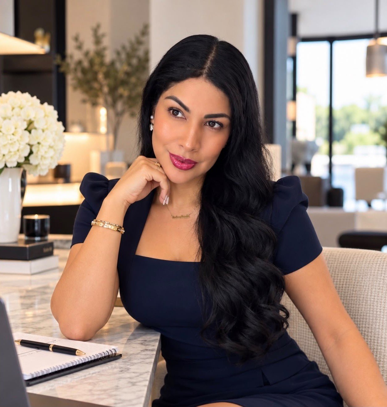Katherine Pazos seated at a marble table, wearing a navy dress beside an open notebook.