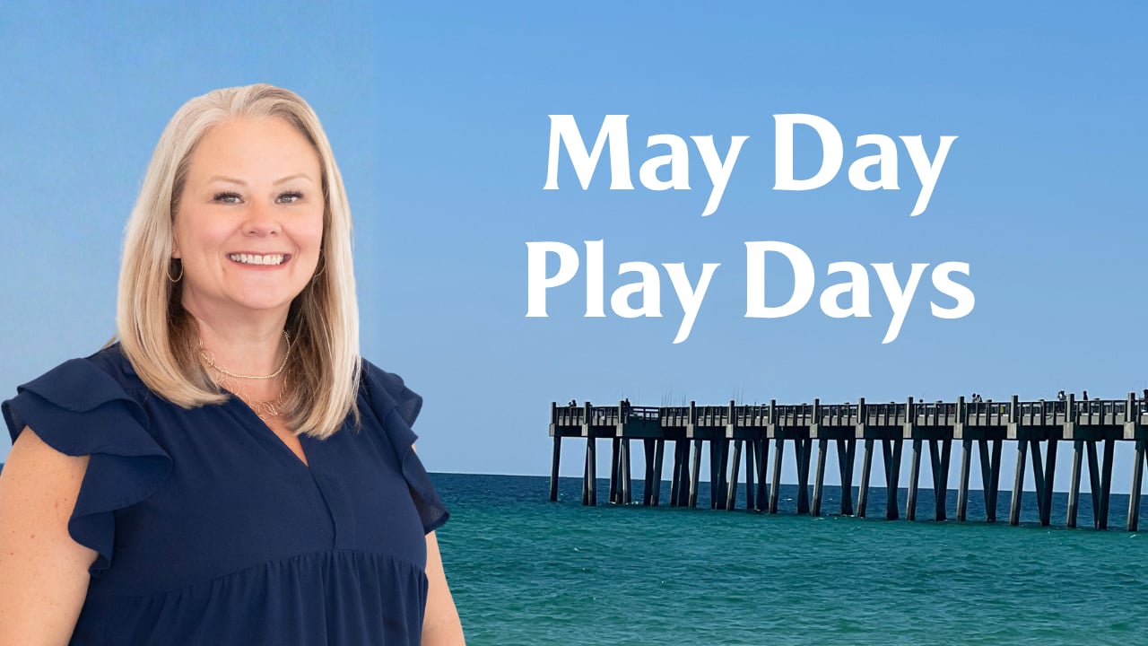 May Day Play Days graphic with a woman beside an ocean pier.
