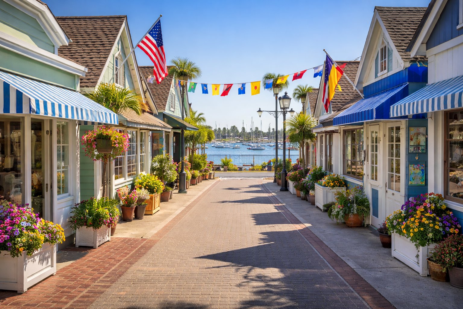 Colorful boutique shops and sailboats along Marine Avenue on Balboa Island, Newport Beach