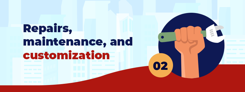 Infographic panel about repairs, maintenance, and customization, numbered 02, with a hand holding a wrench.