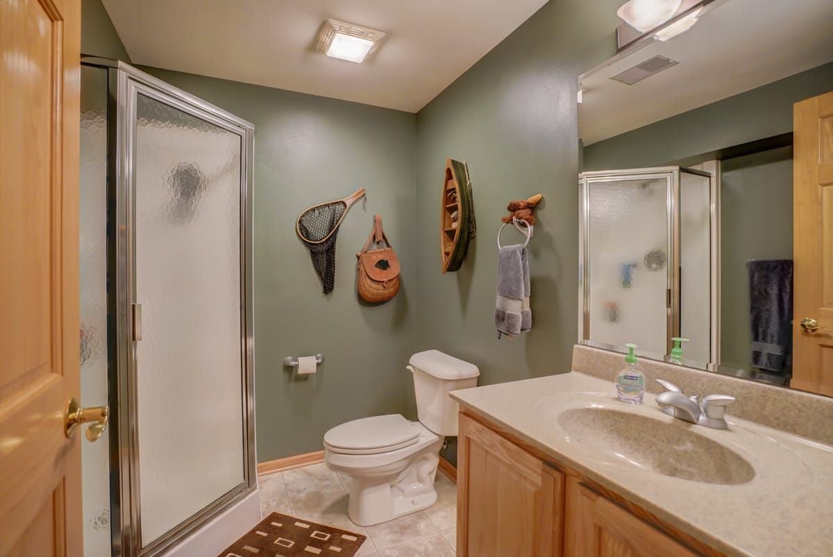 Bathroom with a frosted-glass shower, toilet, and wood vanity against sage-green walls.