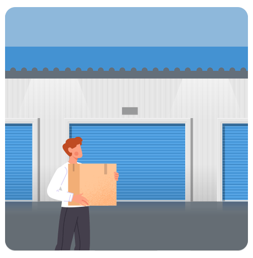 Person carrying a box in front of blue self-storage unit doors