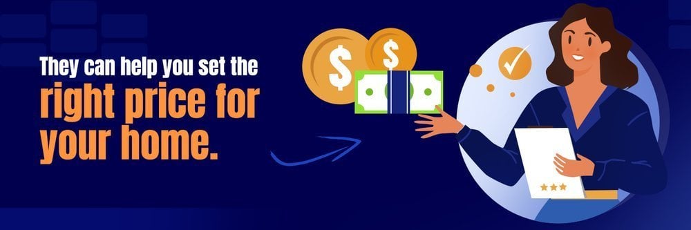 Real estate agent illustration with cash and the message, “They can help you set the right price for your home.”