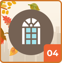 Number 04 graphic with a blue-paned window and autumn leaves.