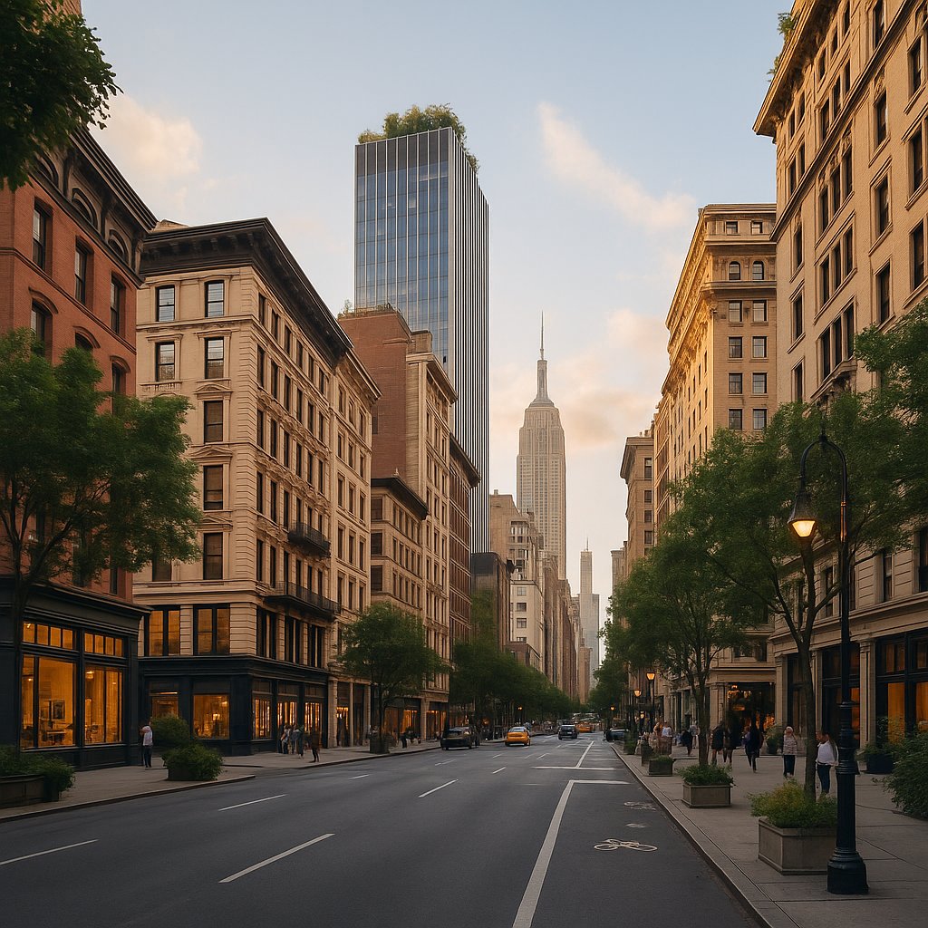 Sunlit residential street in NoMad, Manhattan featuring historic mid-rise buildings, tree-lined sidewalks, and classic New York architecture