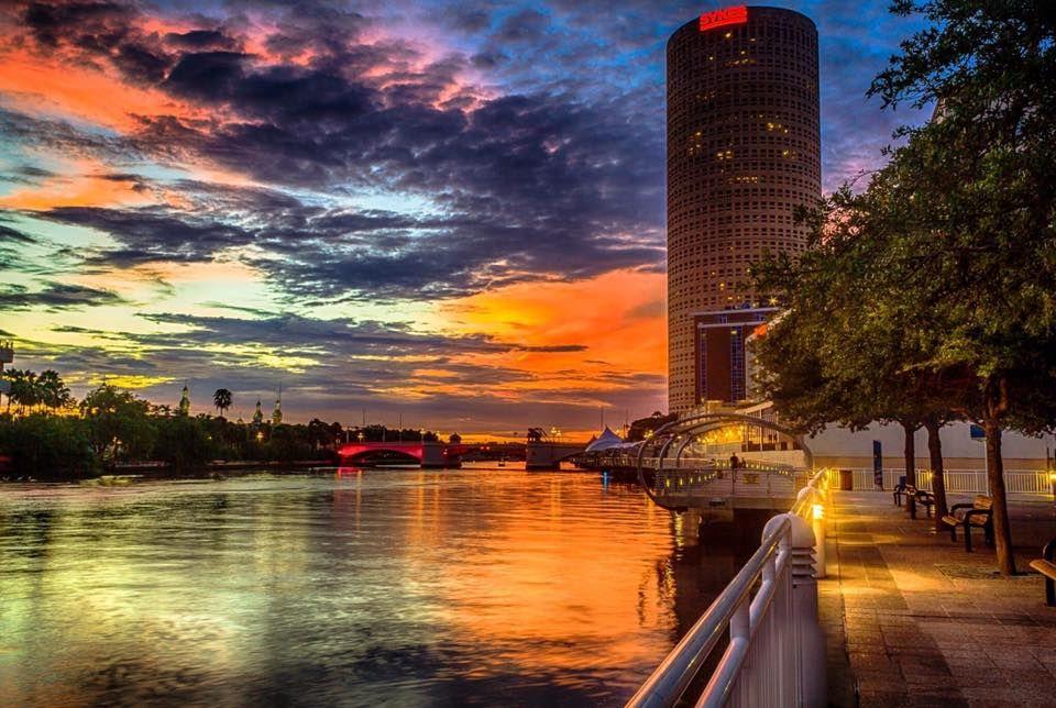 Downtown Tampa Riverwalk at sunset during fall in Tampa Bay Florida