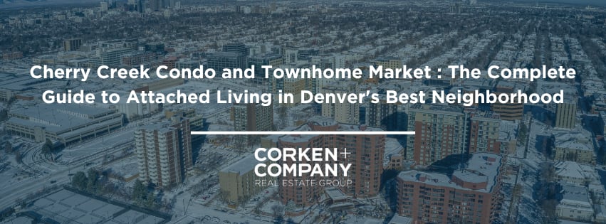 Cherry Creek condo and townhome guide over an aerial view of Denver, with Corken + Company branding.