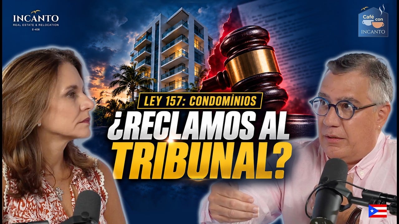 Incanto video thumbnail about condominium law, featuring two speakers, a condominium building, and a judge’s gavel.