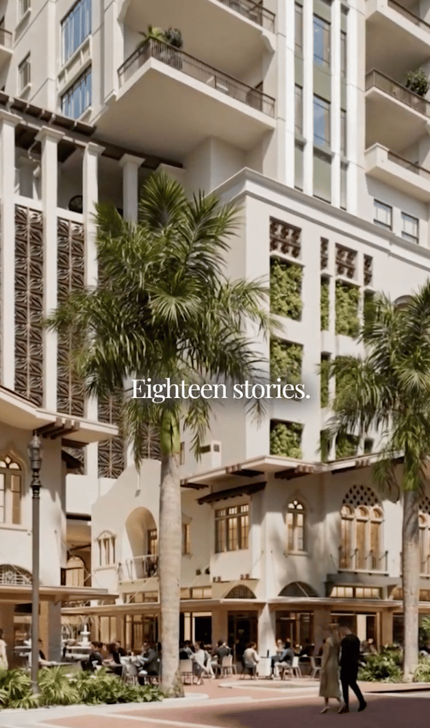 Mira Mar Residences exterior with balconies, palm trees, and street-level dining.