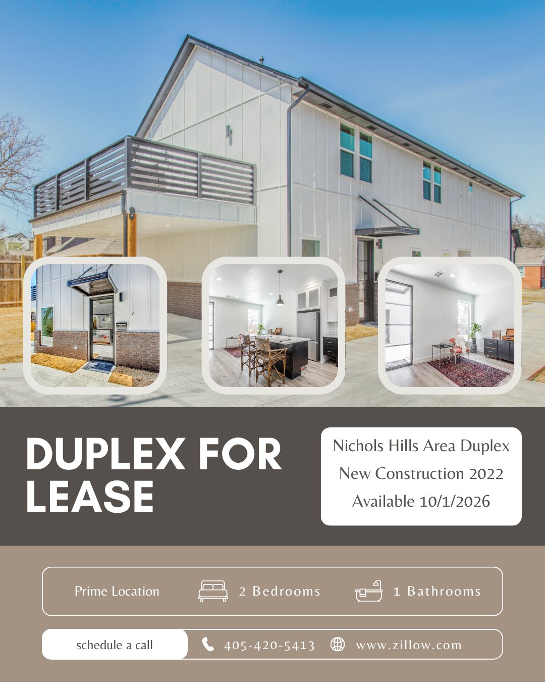 Duplex for lease in the Nichols Hills area, with exterior, kitchen, and living room photos; two bedrooms and one bathroom.