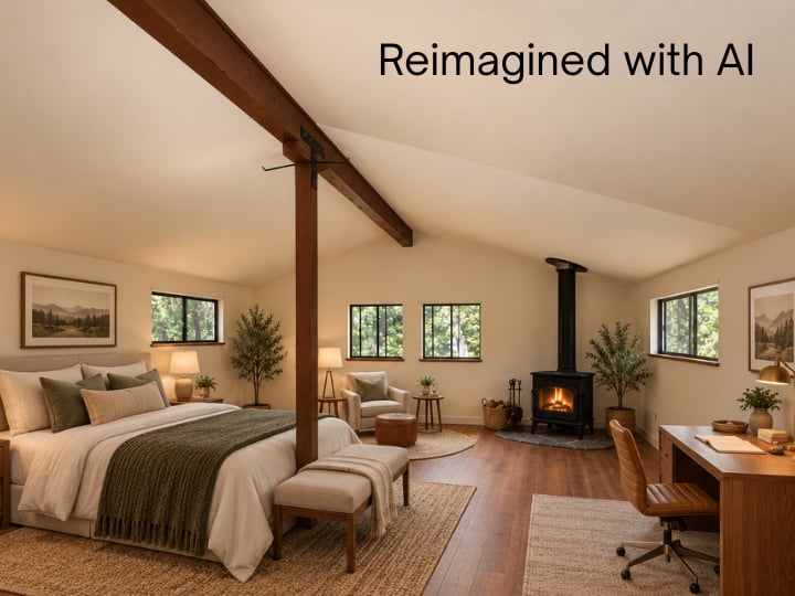 Bedroom with exposed beam, bed, desk, and a lit wood stove.