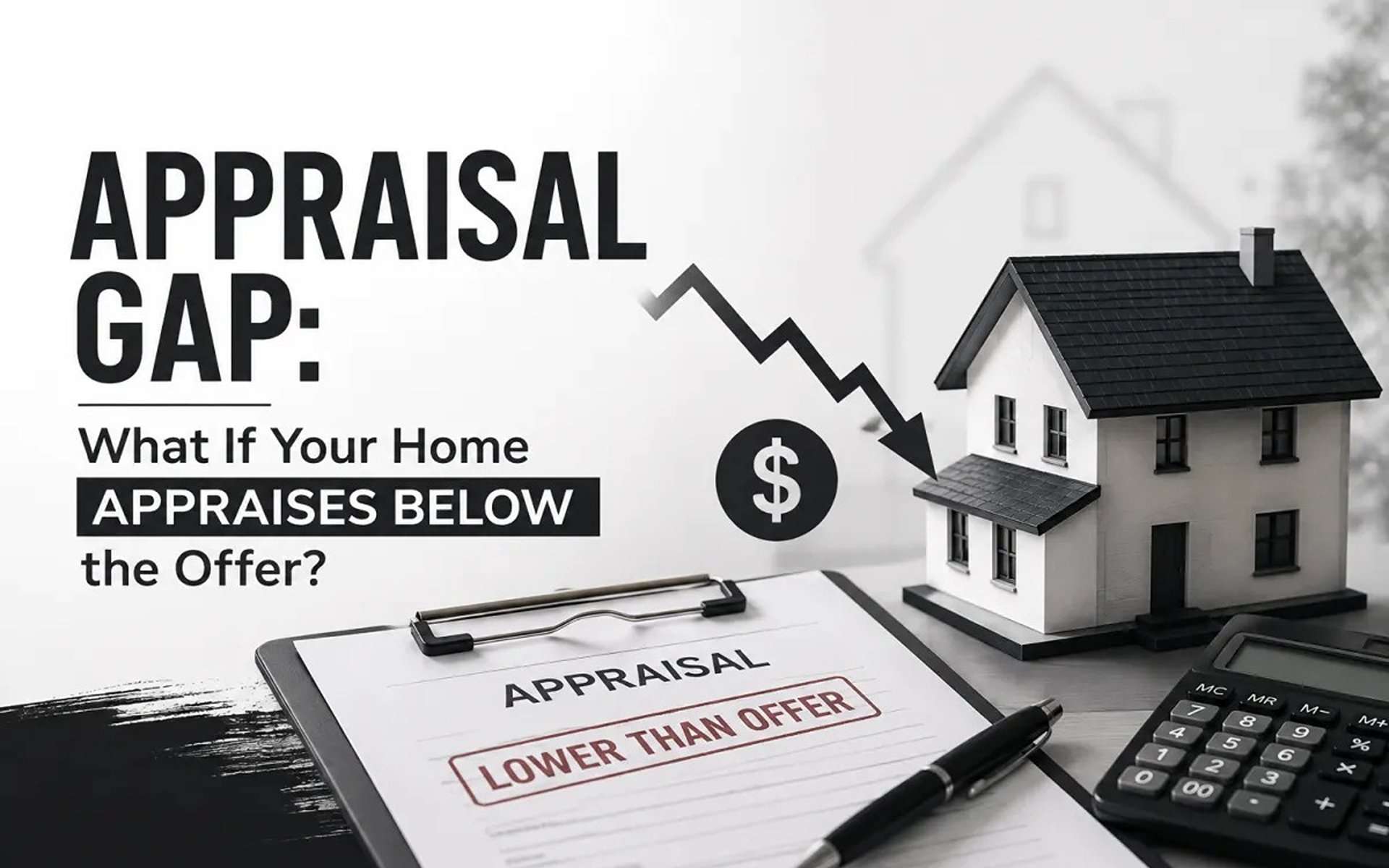 Appraisal gap graphic with a model house, falling-value arrow, appraisal form, pen, and calculator.