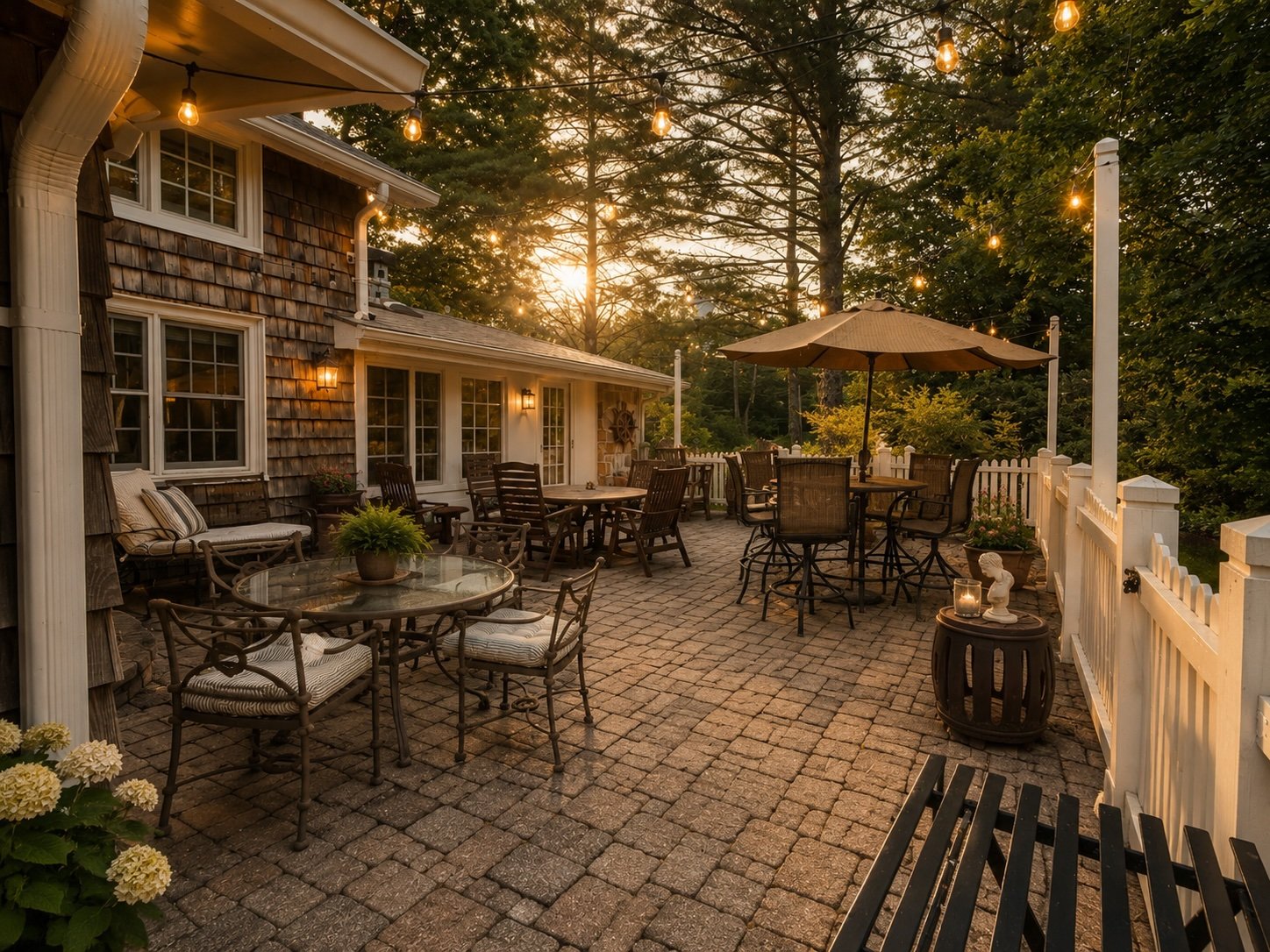 Fenced stone patio with outdoor dining and string lights at 343 Cullasaja Drive, Highlands NC