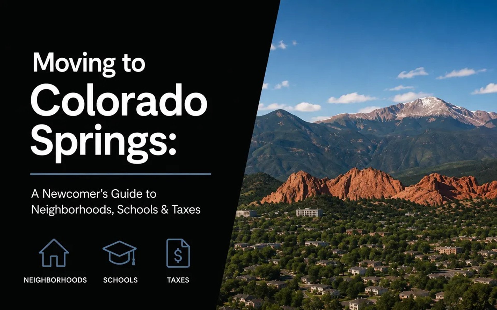 Colorado Springs newcomer guide cover with a mountain panorama and icons for neighborhoods, schools, and taxes.