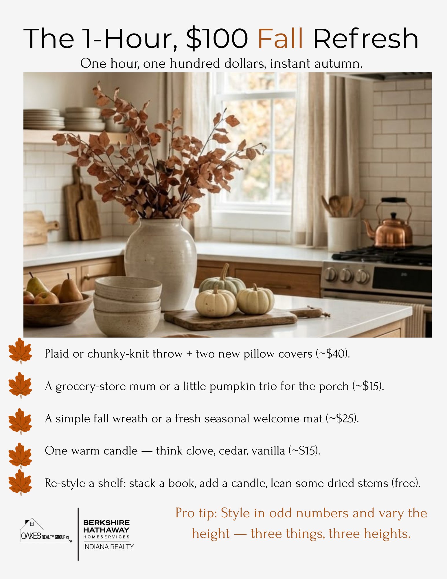 Fall home refresh guide with a pumpkin-decorated kitchen, seasonal decorating ideas, and an odd-number styling tip.