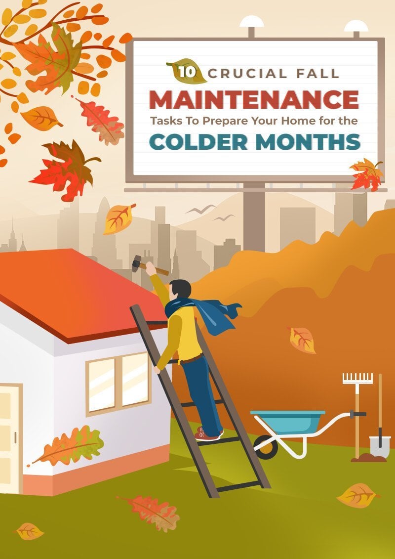 Fall home maintenance graphic with a person repairing a roof and a billboard about preparing for colder months.