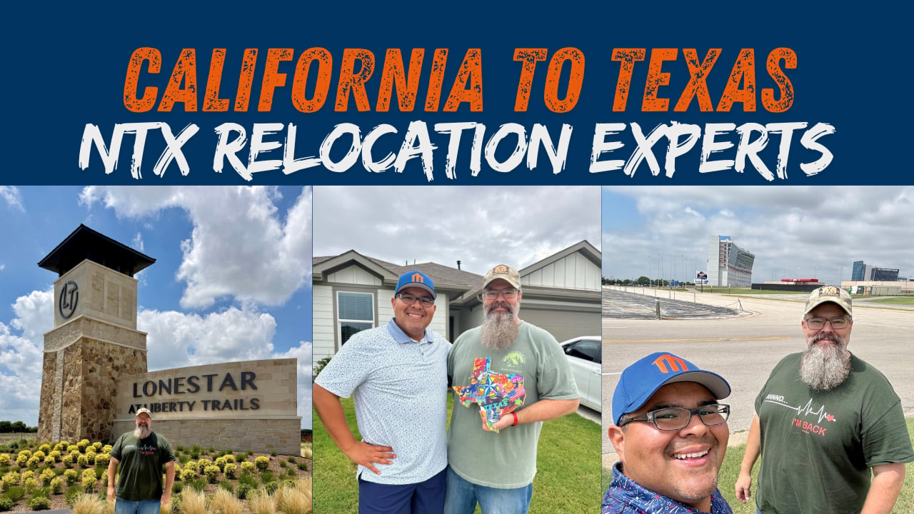 Realtor Edson Miranda with California relocation client Pat at the Liberty Trails sign, Texas Motor Speedway, and Pat's new home in Justin, TX