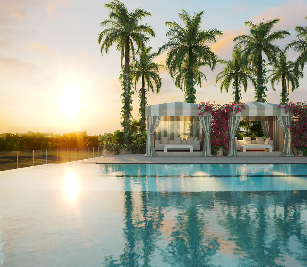 Shell Bay rooftop pool at sunset rendering in Hallandale Beach.