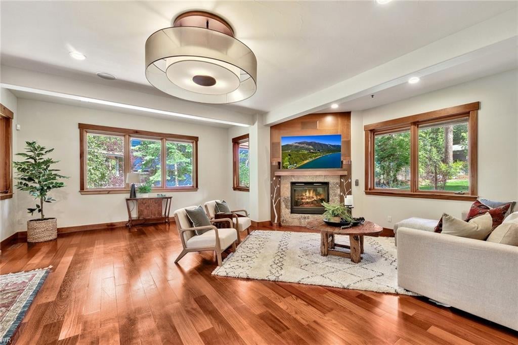 Staged luxury Tahoe living room with natural light and panoramic lake views
