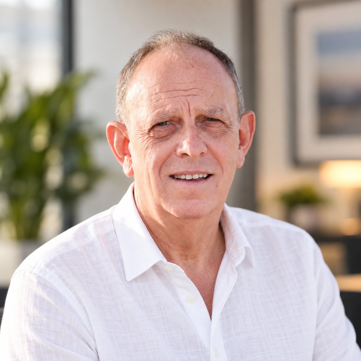 Michael DiStefano in a white collared shirt, photographed against a softly blurred outdoor background.