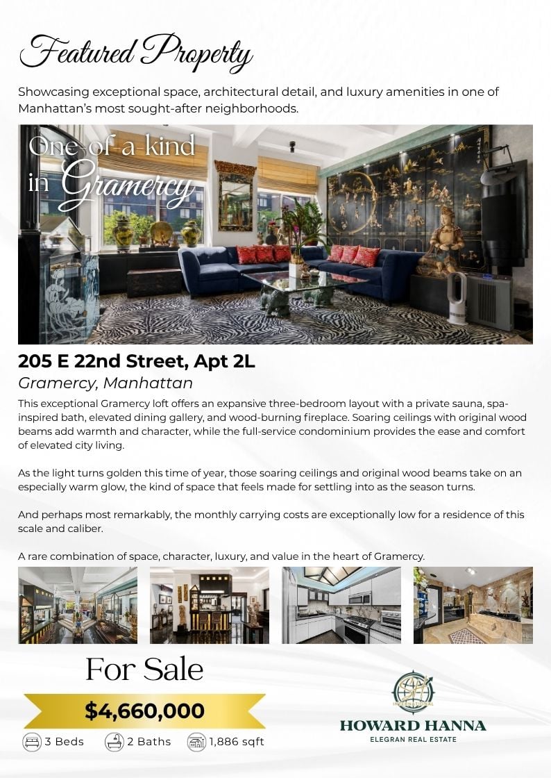 Featured Property flyer for a Gramercy loft at 205 E 22nd Street, Apt 2L, listed for $4,660,000.