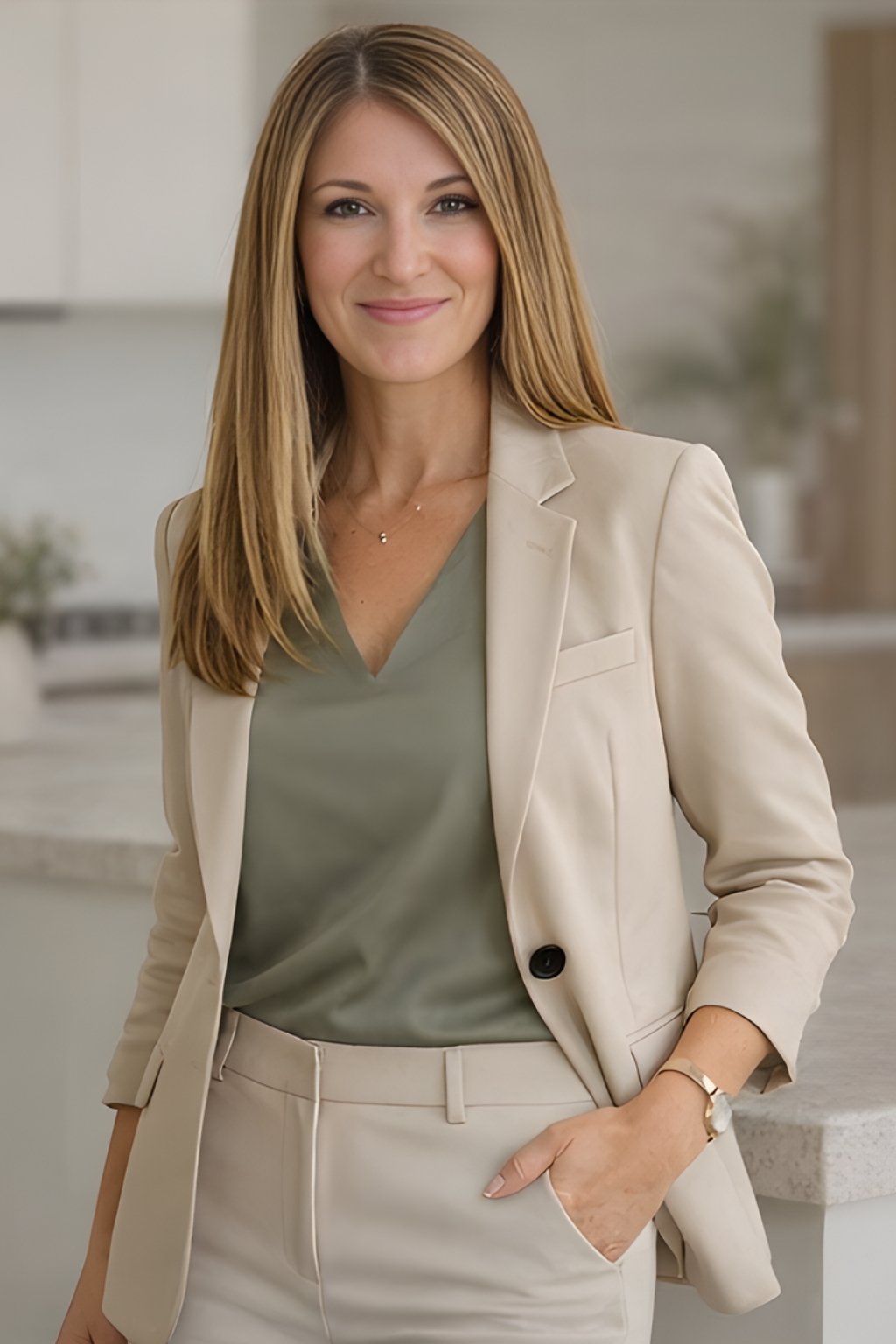 Holly Marcus, wearing a cream suit jacket and sage blouse.