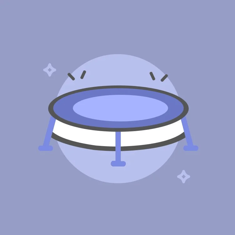 Round trampoline with a blue jumping surface, white sides, and three visible legs.