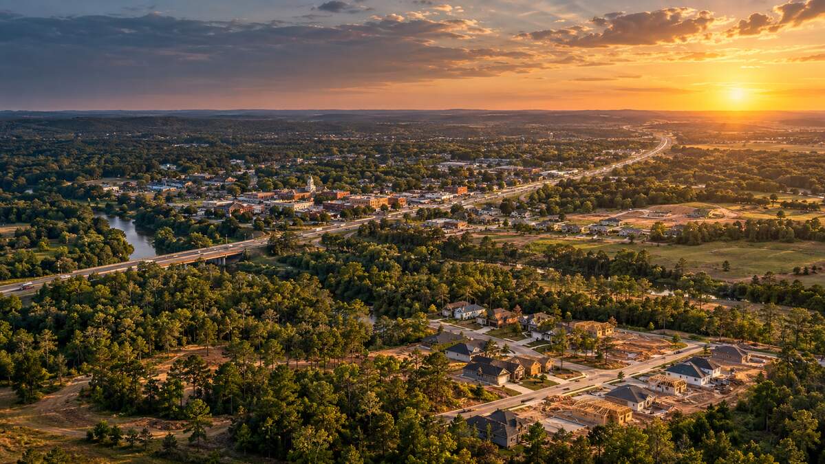 Aerial panorama of a town at sunset, with a river, highway, and new homes under construction.